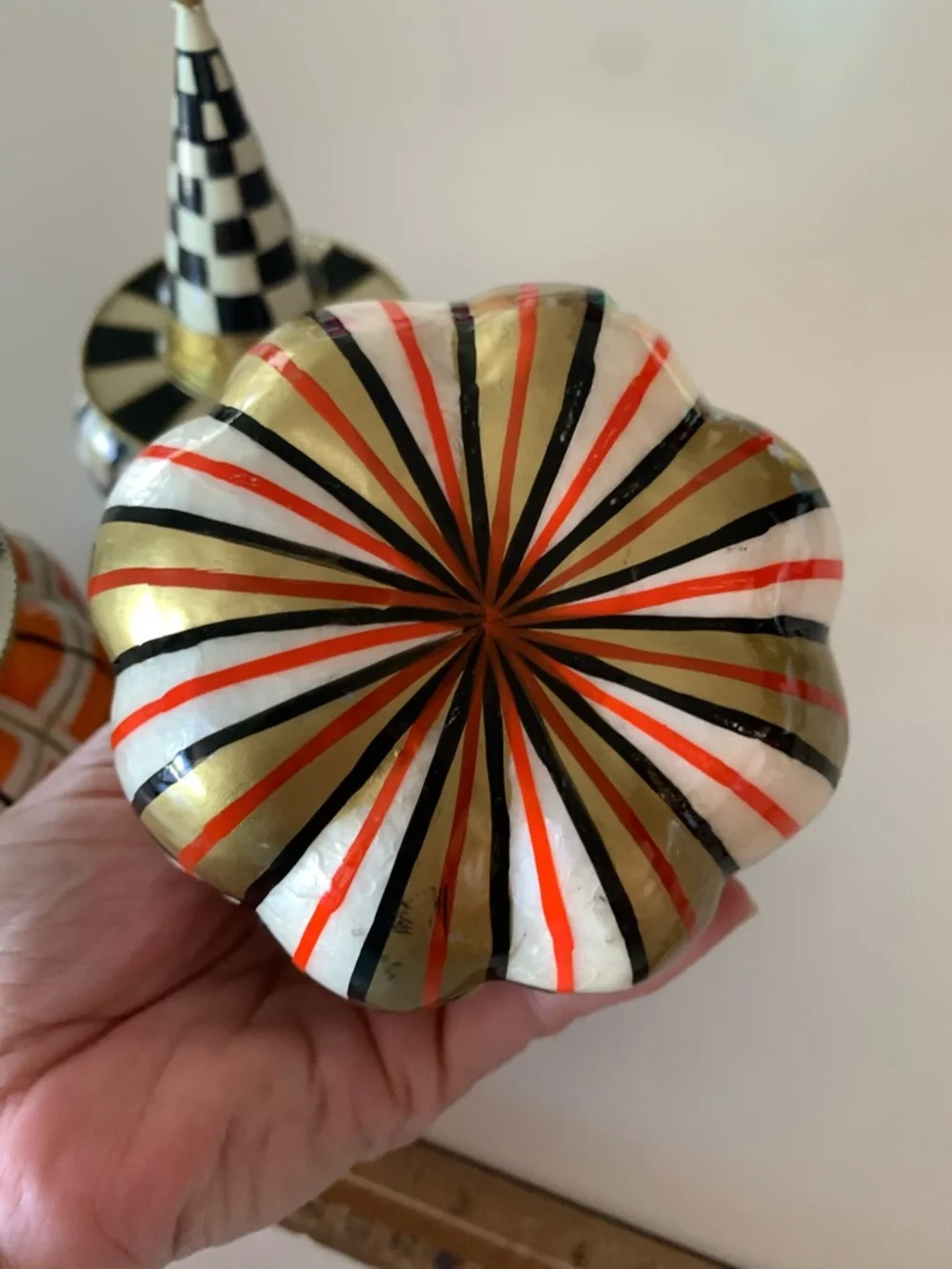 MacKenzie Childs mini pumpkin trio with witch hats